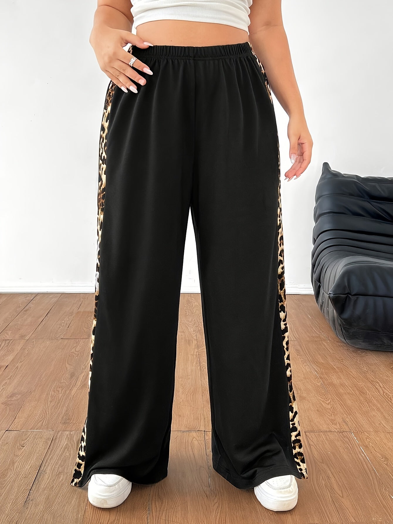 Plus Size Leopard Print Wide-Leg Pants High Waist Polyester