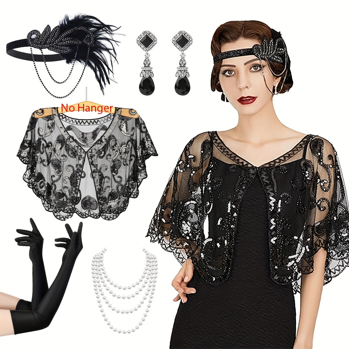 Women's 1920s Flapper Costume Accessory Set Headband Shawl Earrings Gloves for Roaring 20s Parties
