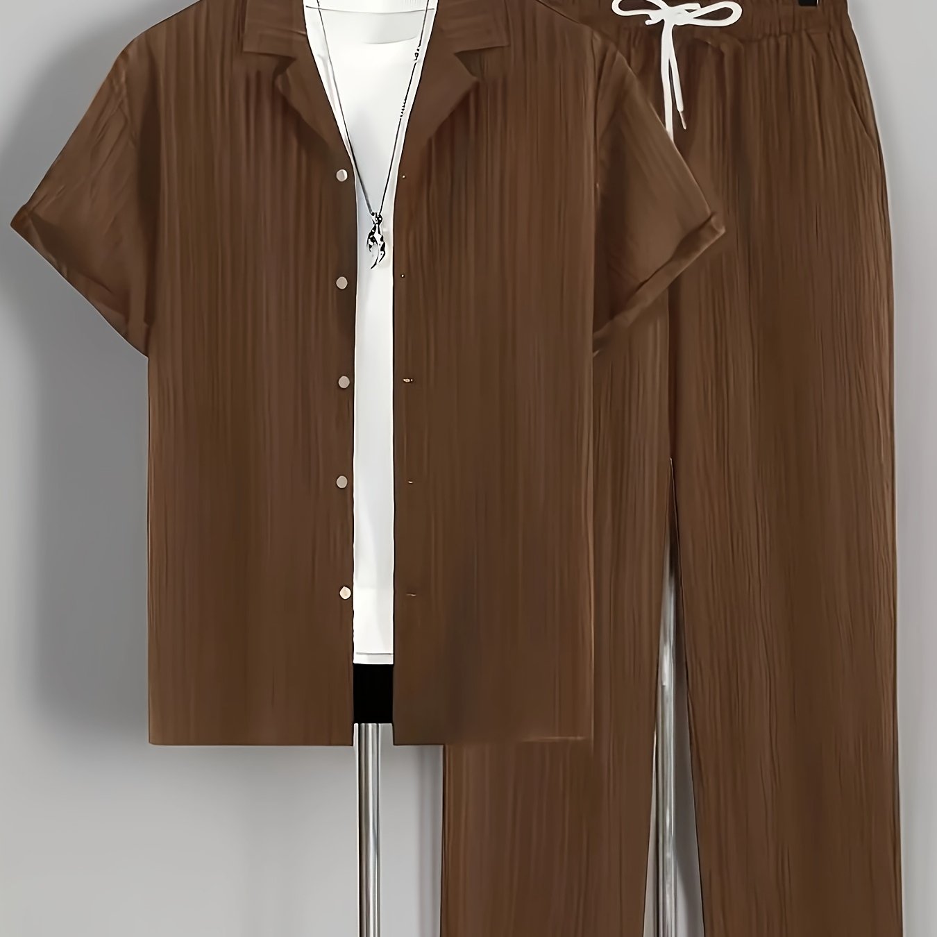 Men's Summer Set Casual Short Sleeve Button-Up Shirt and Drawstring Pants Polyester Solid