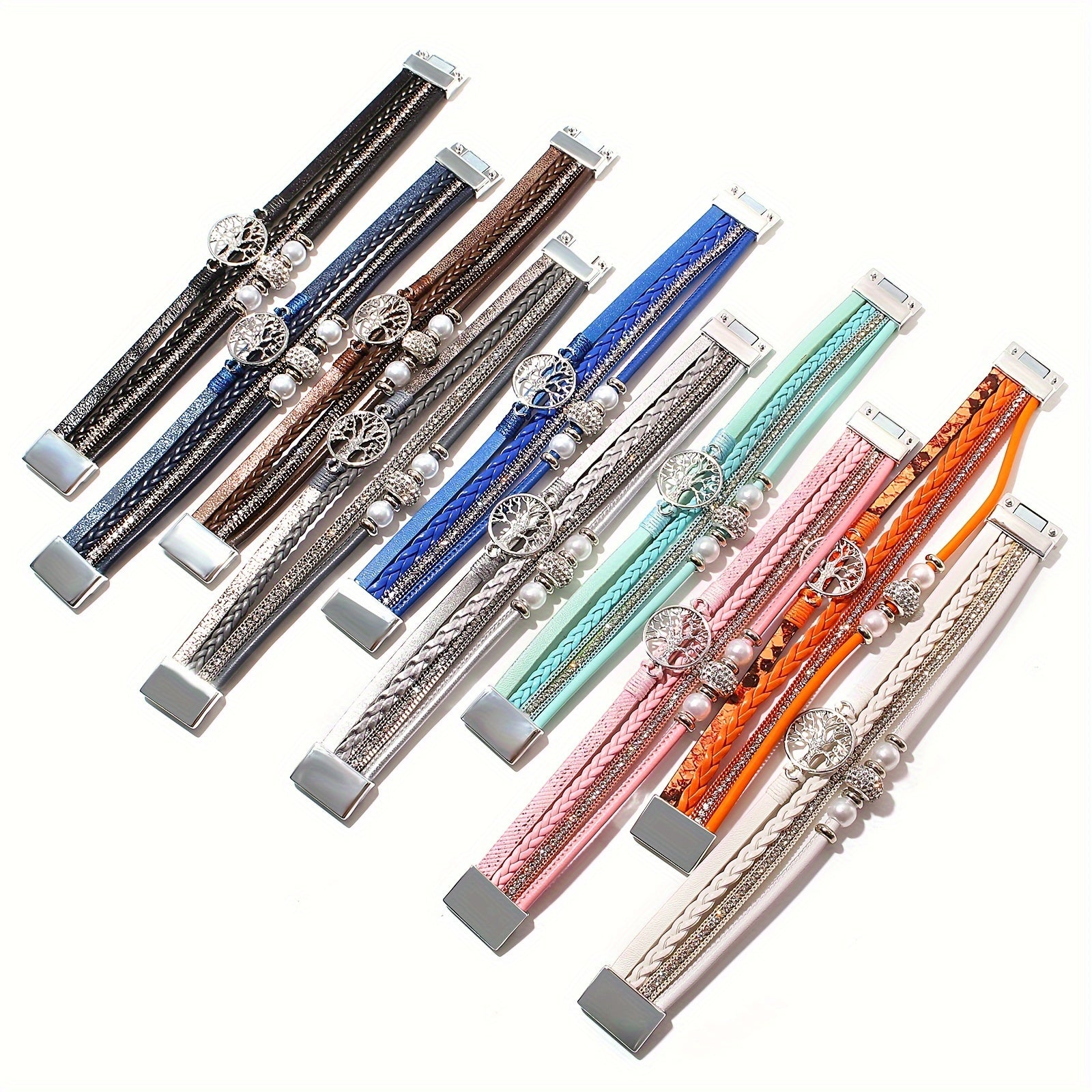 Multi-Layer Faux Leather Wristband with Tree of Life Charm and Rhinestones