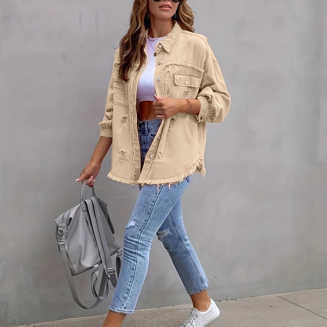 Women's Plus Size Distressed Retro Denim Jacket with Raw Hem Long Sleeve Solid Color Spring Summer