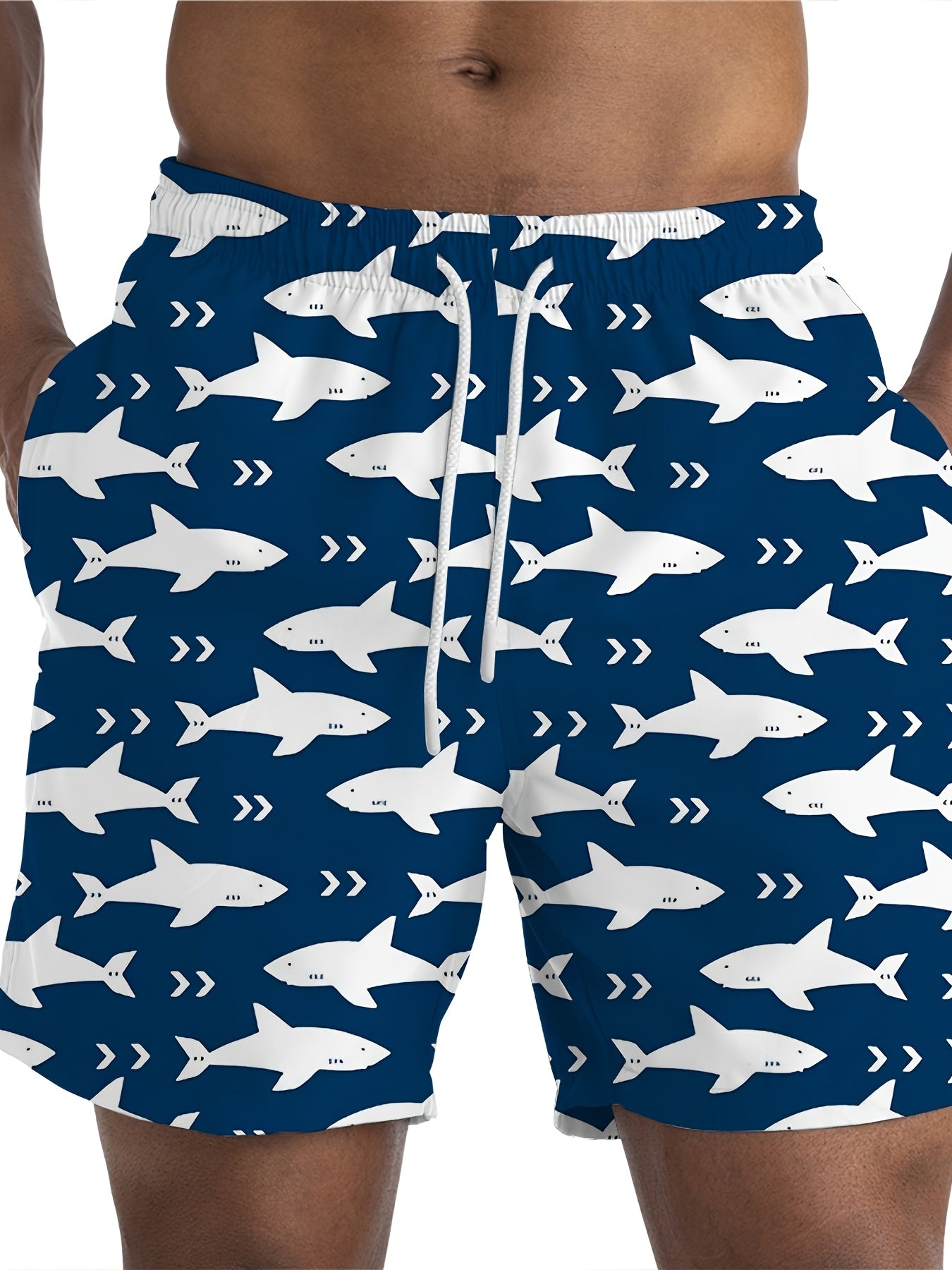 Men's Quick-Dry Ocean Style Swim Shorts with Shark Print Plus Size