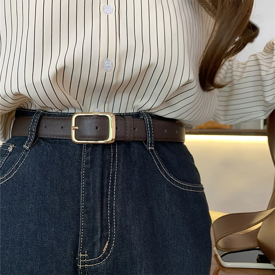 Women's Leather Belt with Gold Pin Buckle Solid Color Waistband for Casual or Business Style Jeans