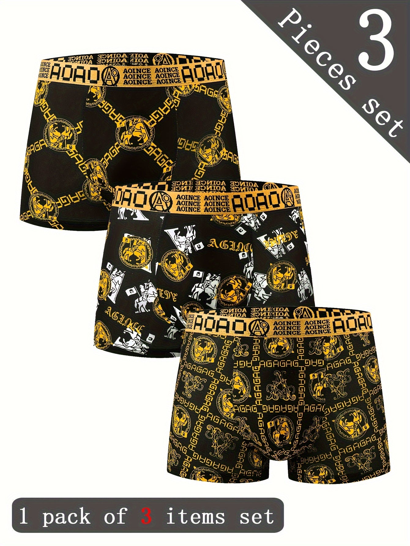 Men's Boxer Briefs Set of 3 Breathable Quick-Drying Polyester Spandex Black and Gold Chain Print