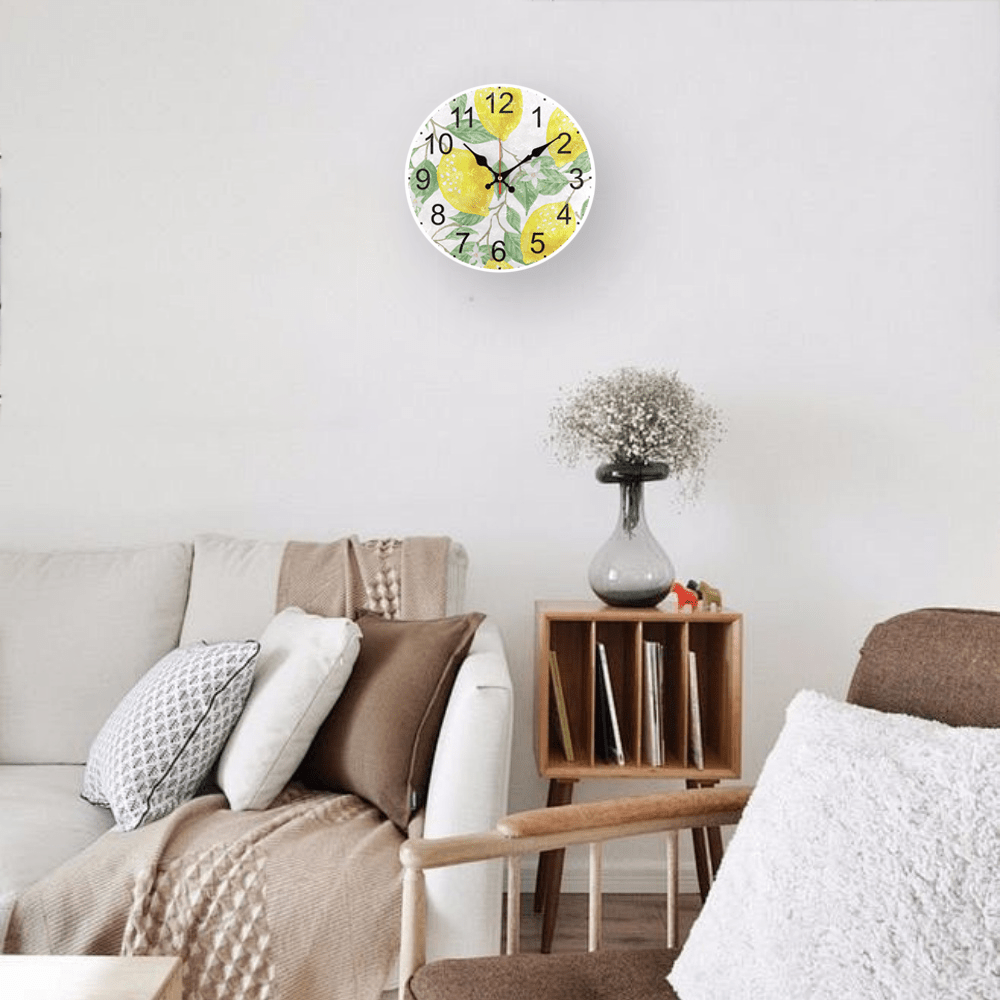Fruit Theme Wall Clock with Golden Lemon Pattern Silent Non-Ticking Battery Operated for Living Room Kitchen Decor