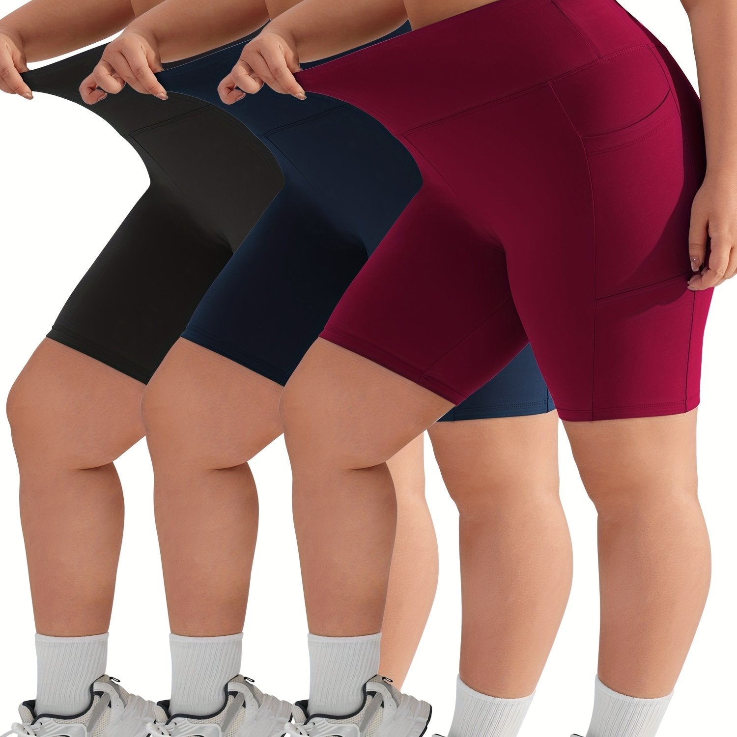 Plus Size Solid Skinny Shorts Casual Stretchy Side Pocket Leggings