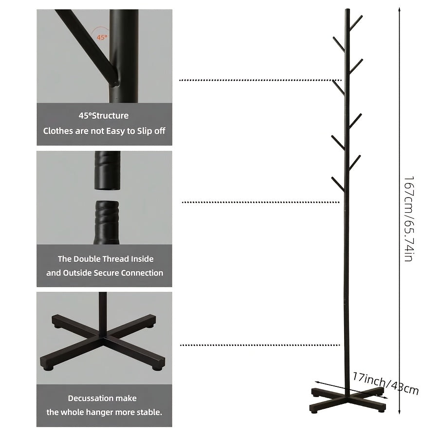 Black Iron Freestanding Coat Rack with Cross Chassis and Adjustable Pole