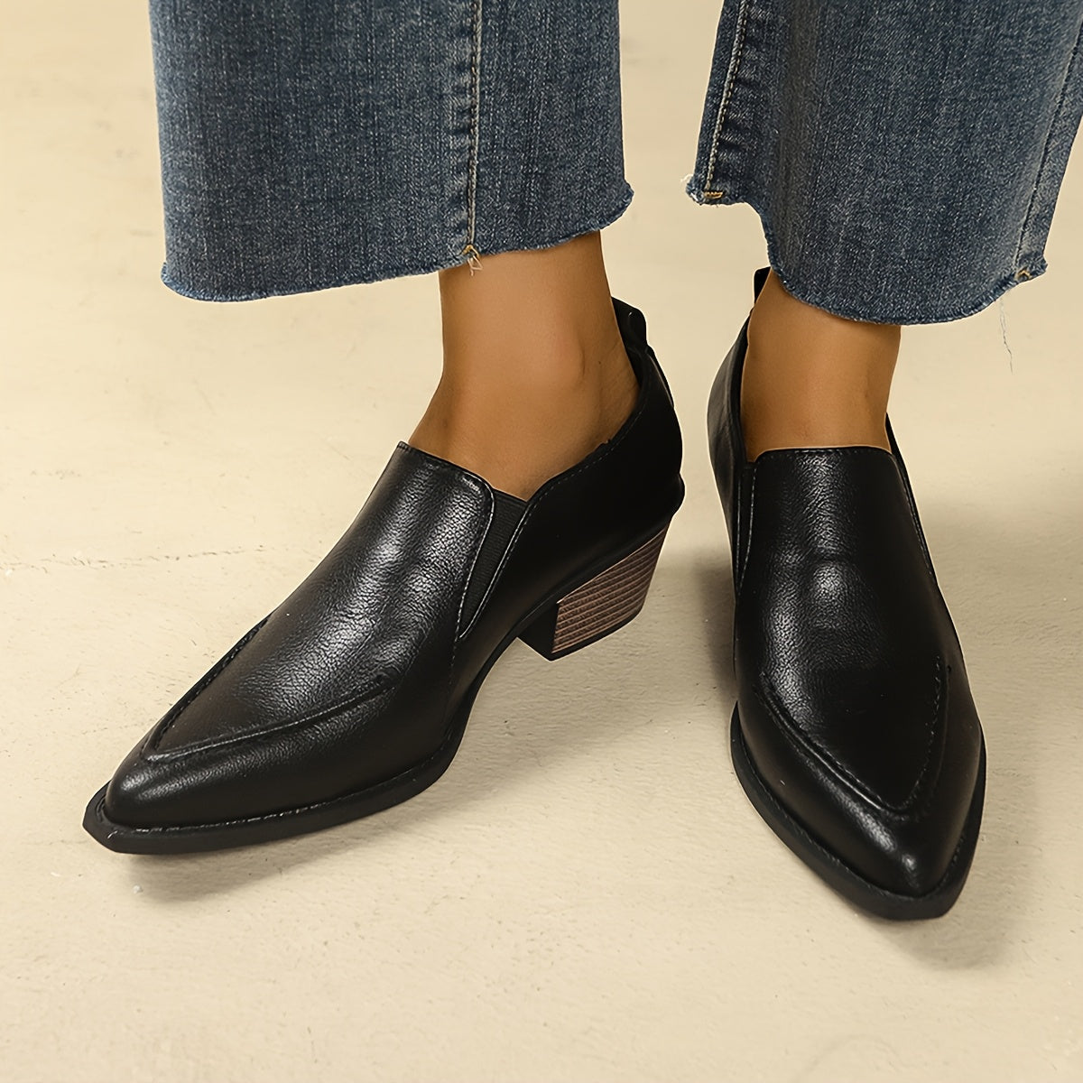 Women Autumn Solid Color Lychee Pattern Chelsea Boots Black Short Heel