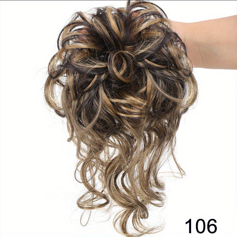 Ayollar uchun sintetik sochli bun scrunchie, tartibsiz, qovurilgan, to'lqinli sochlar uchun kengaytmalar
