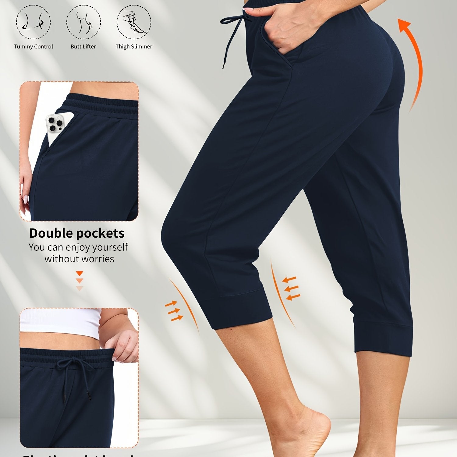 Plus Size Athletic Joggers With Pockets, High Elasticity, Non-See-Through
