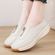 Women’s Zipper Sneakers White Brown Two-Tone Casual Shoes