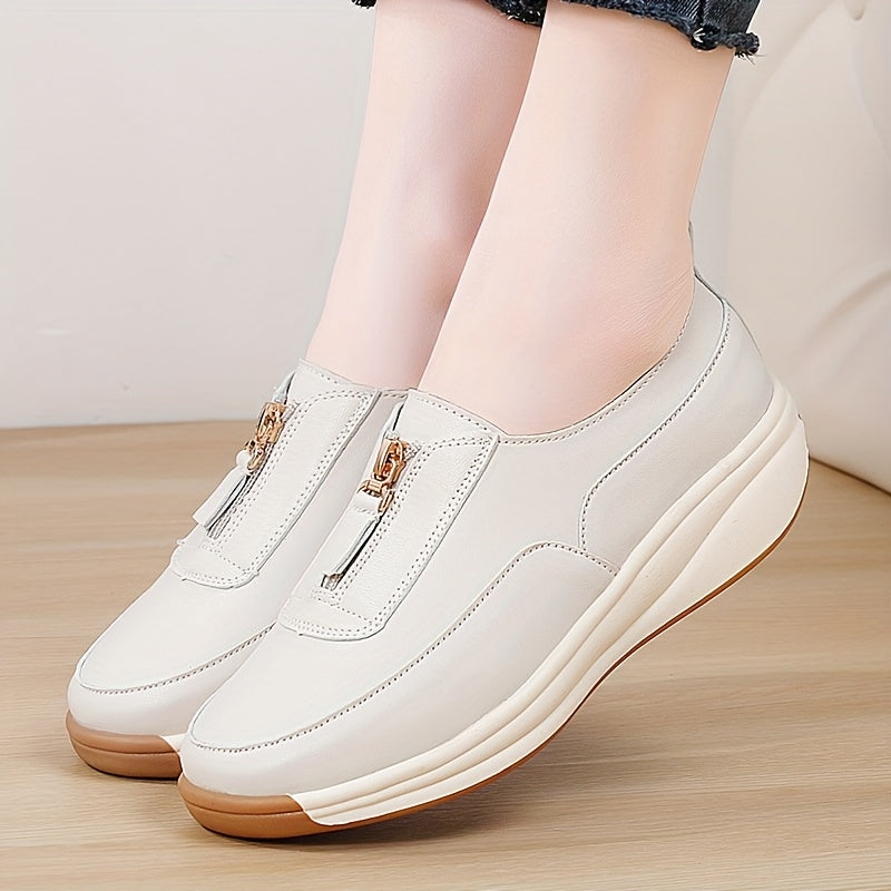 Women’s Zipper Sneakers White Brown Two-Tone Casual Shoes