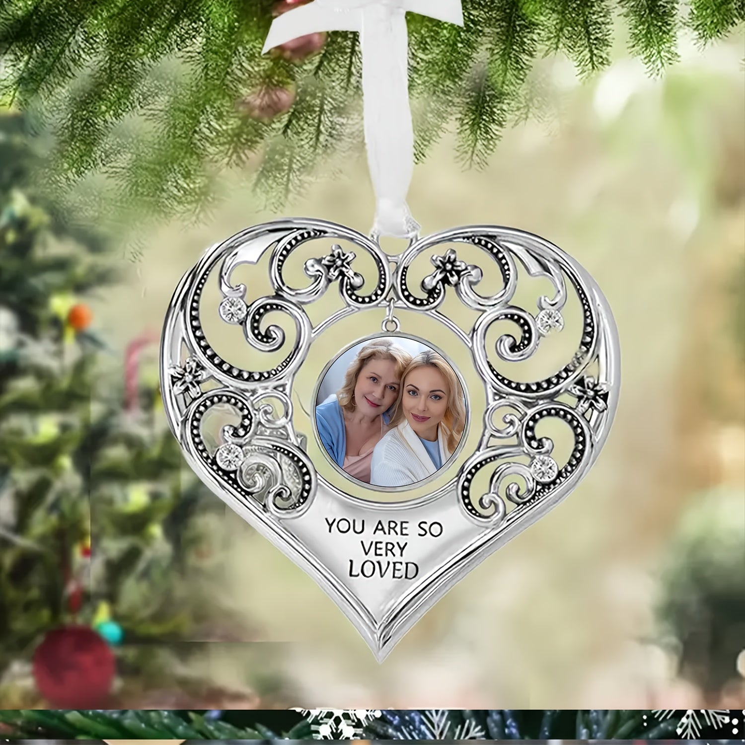 Нержавеющая сталь Сердечный рождественский украшение с индивидуальной фотографией и крыльями ангела