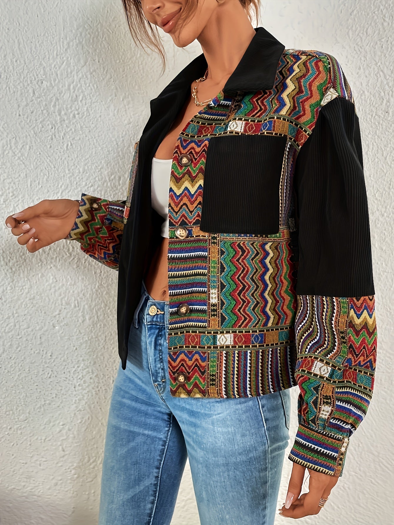 Women's Corduroy Jacket with Printed Shoulders and Color Block Pattern for Spring Fall Casual Outerwear
