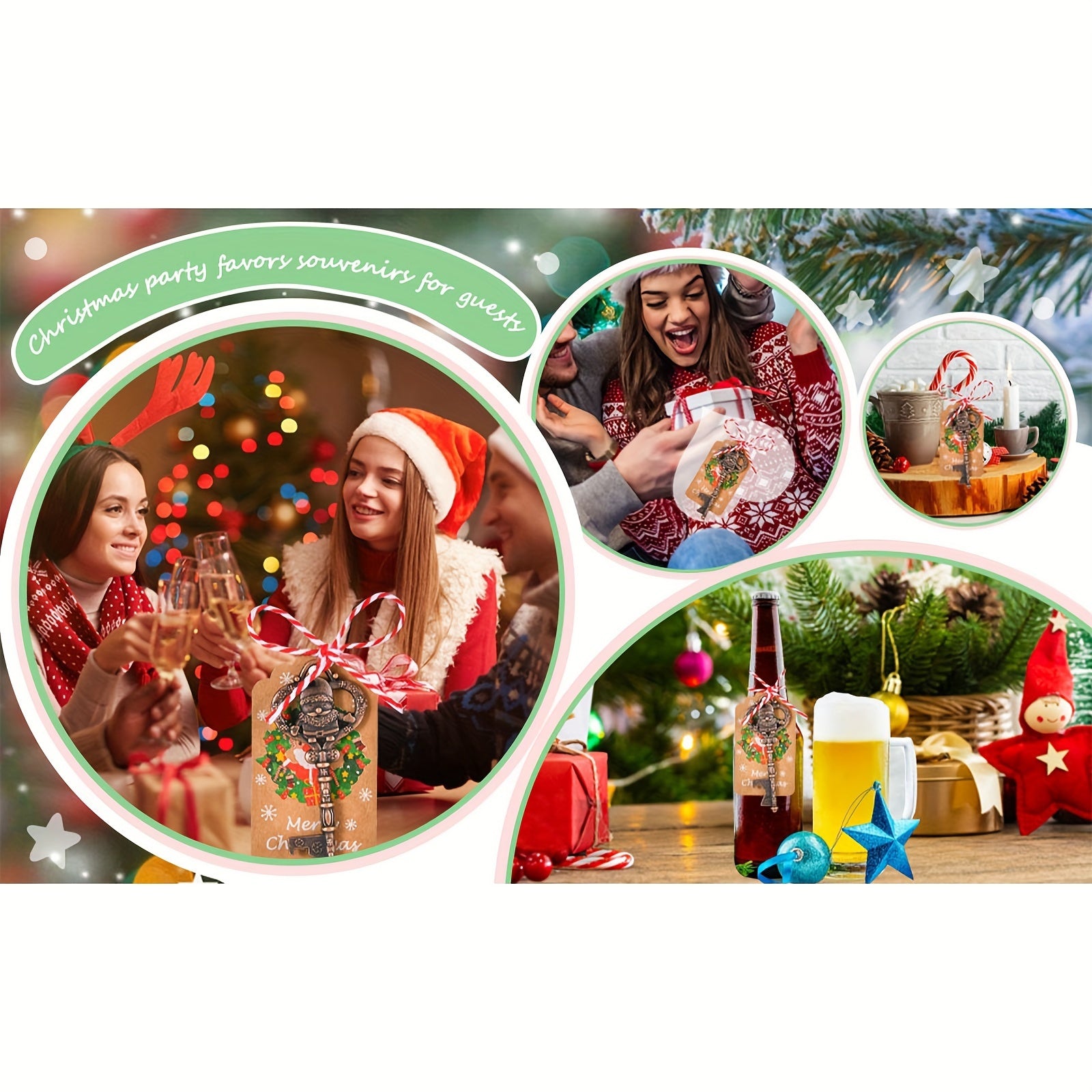 Santa Claus Bottle Openers Set for Christmas Party Favors with Cards and Ropes