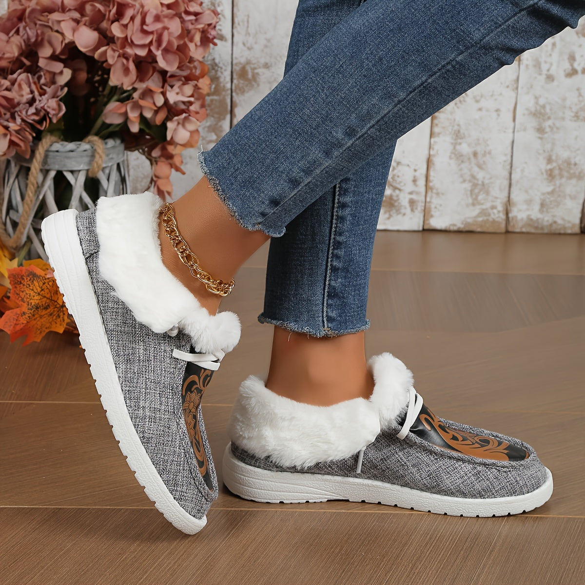 Ayollar uchun qorli botlar, mo'ynali ichki qismi, EVA taglik, sirpanishga qarshi, kulrang, qishki poyabzal