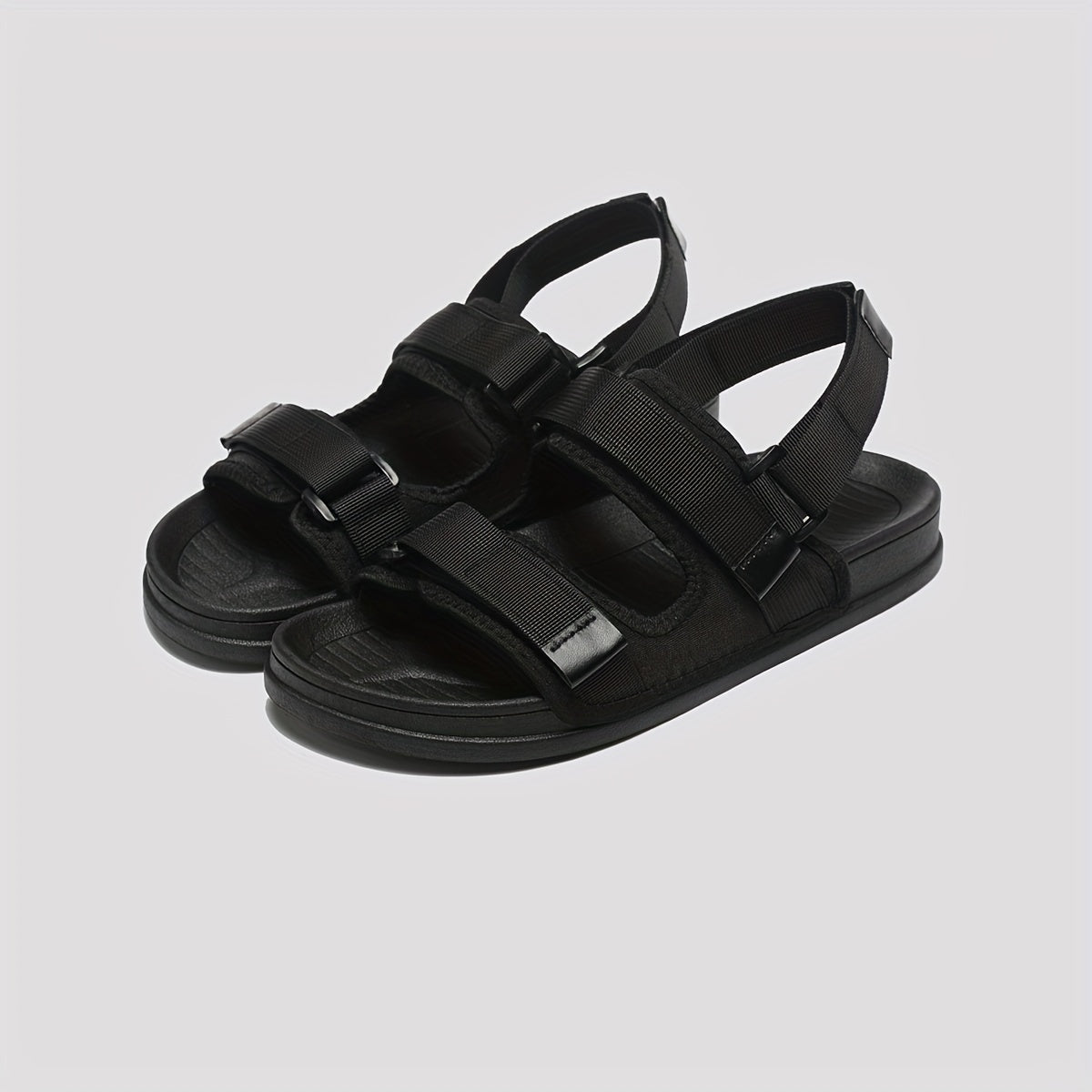 Women's Black Summer Beach Slide Sandals with Adjustable Hook-and-Loop Straps and Flat PVC Sole