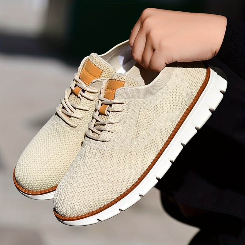 Men's Breathable Knit Business Casual Shoes Beige Brown Leather Upper EVA Sole Round Toe All-Season