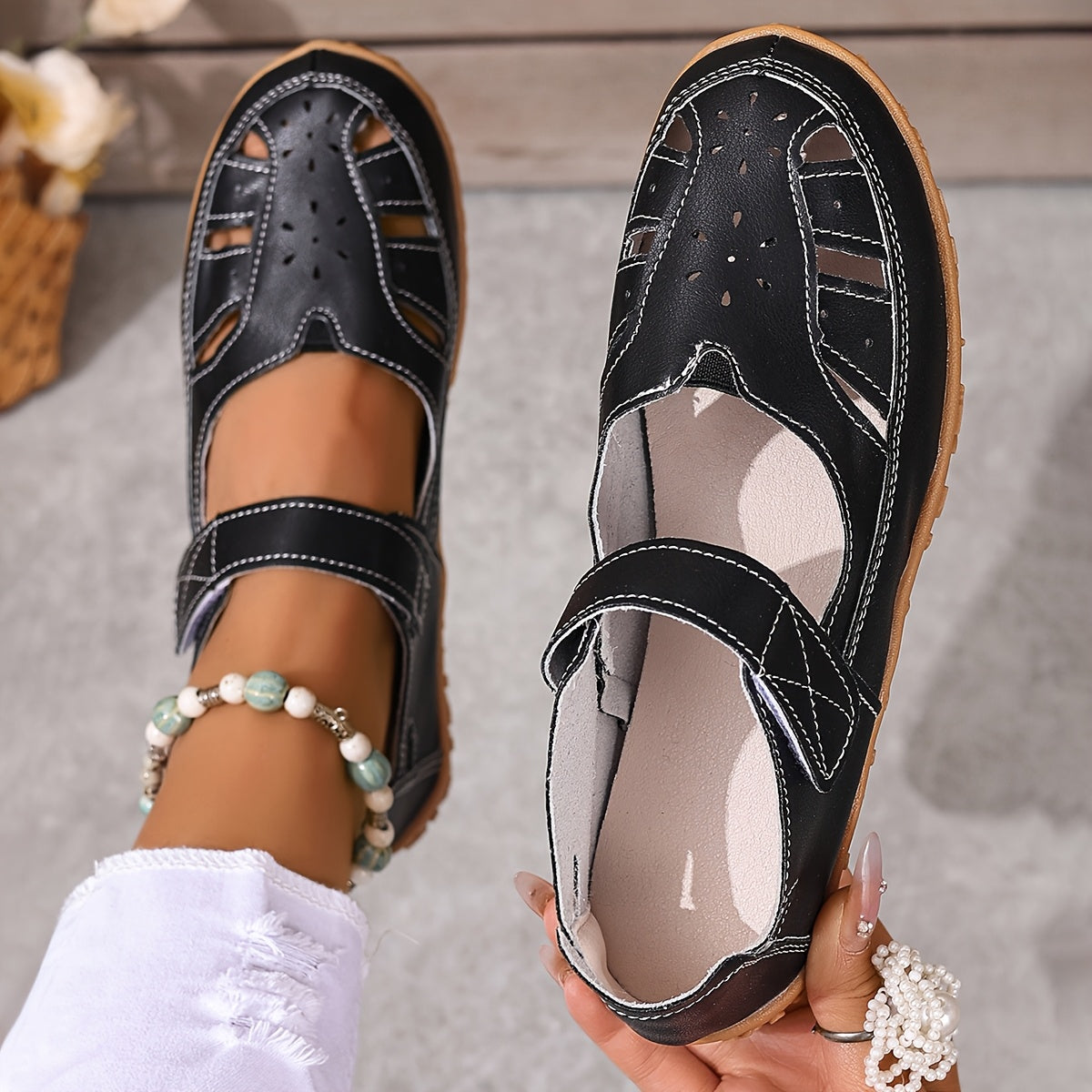 Women's Summer Flat Sandals White Microfiber Cap Toe Ankle Strap