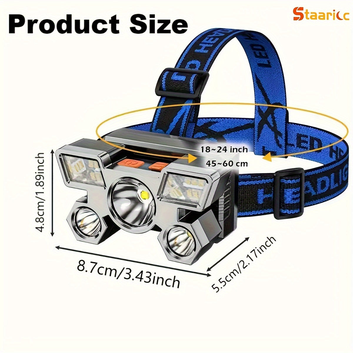 Rechargeable LED Headlamp 4 Modes Lightweight Outdoor Camping Fishing Mining Blue Gold
