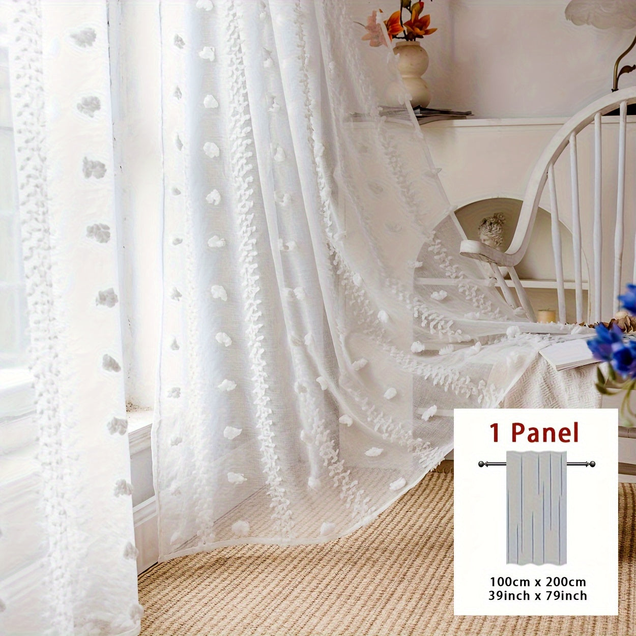 French Pastoral White Gauze Curtain 1 Piece for Bay Window Living Room Bedroom