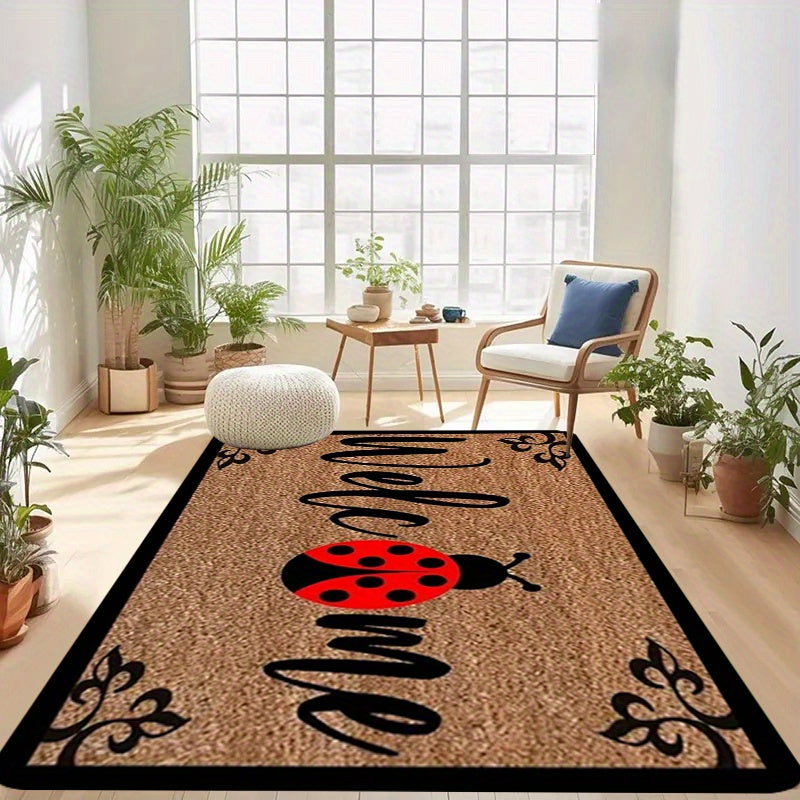Ladybug Print Door Mat Non-Slip Polyester Entryway Rug 1.1cm Thick Washable