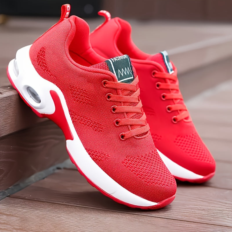 Women's White Breathable Knit Running Shoes with Air Cushion and Shock Absorbing Platform