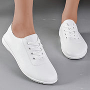 Women's White Casual Sneakers Lightweight Non-Slip Round Toe Lace-Up Faux Leather PU Sole