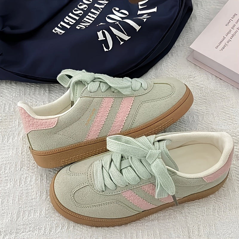 Women’s Low-Top Lace-Up Sneakers Light Green Pink Breathable Rubber Sole