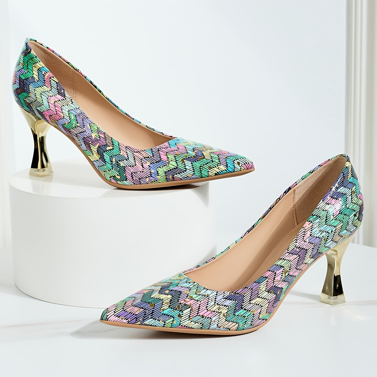 Women's Faux Leather Stiletto Heels Colorful Diamond Pattern Pointed Toe Pumps