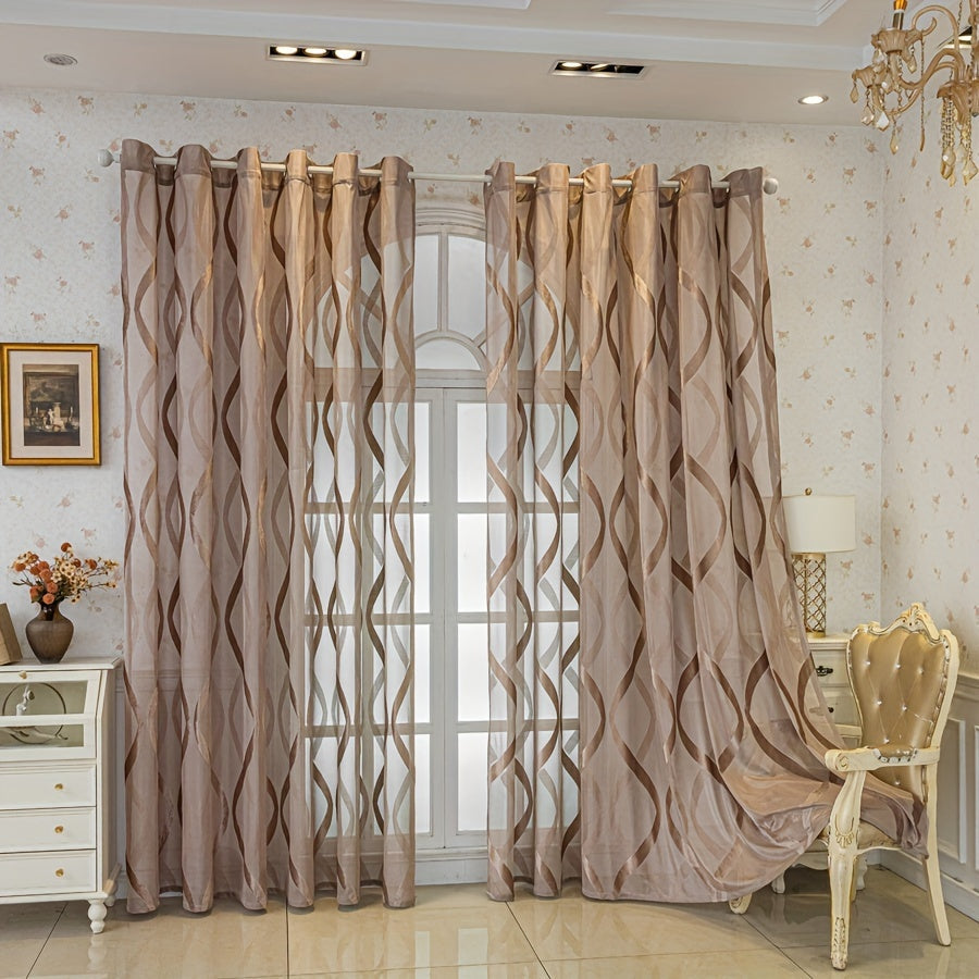 European Coffee Ribbon Curtains Set of 2 Modern Sheer Drapes Grommet Top UV Protection