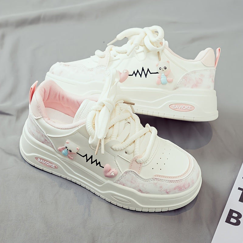 Women's White Mid-Top Sneakers with Cushioned PVC Sole and Heart Stripes