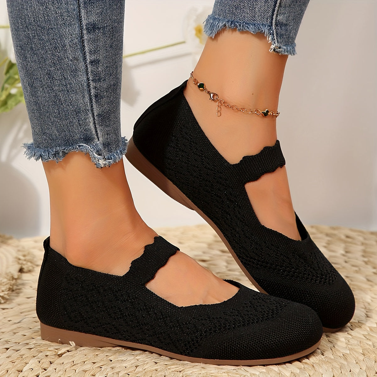 Women All-Season Knit Mary Jane Flats Solid Color Slip-On Round Toe Shoes