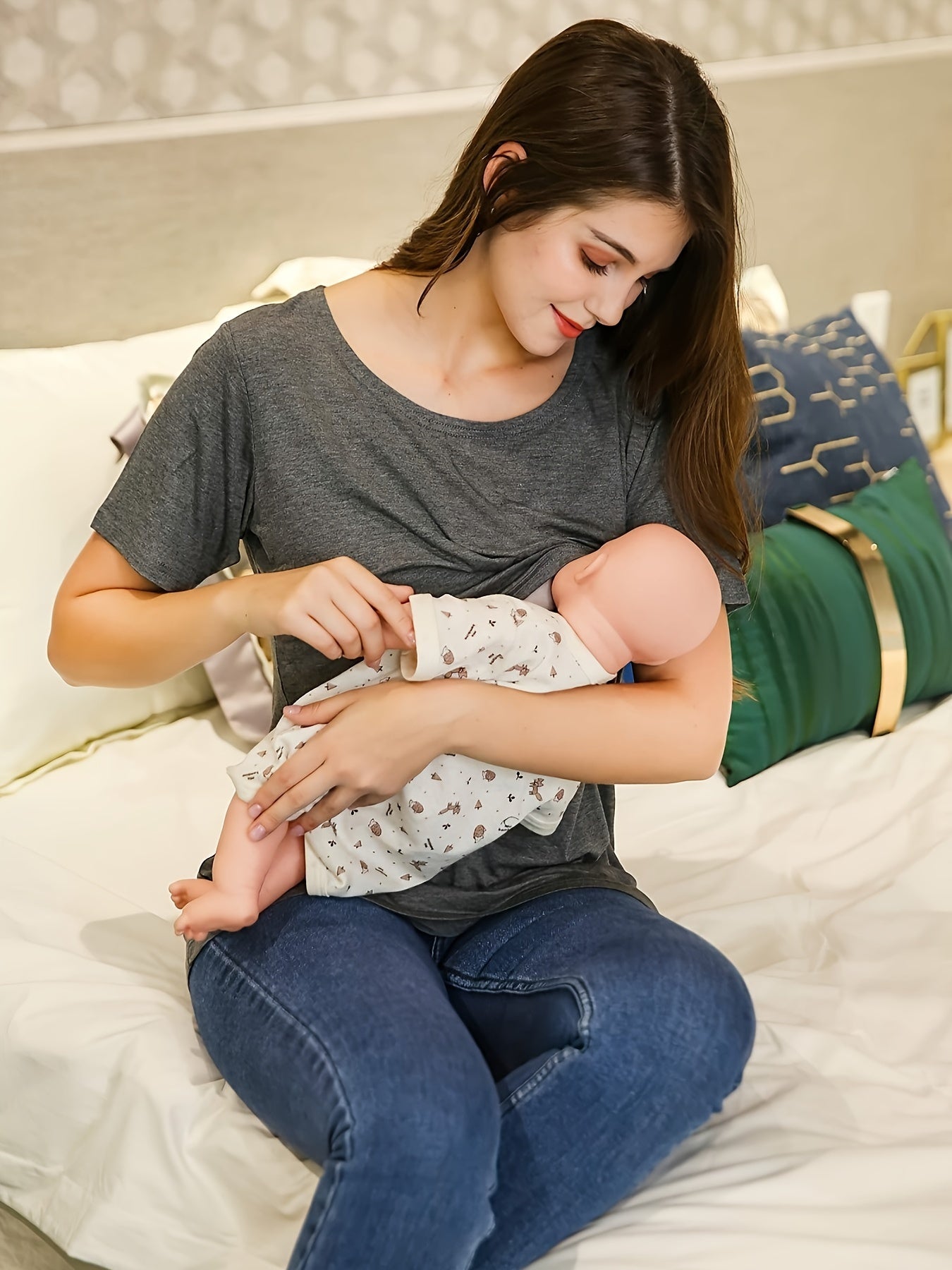 Women's Maternity Short Sleeve T-Shirts Set for Breastfeeding Summer Polyester Solid