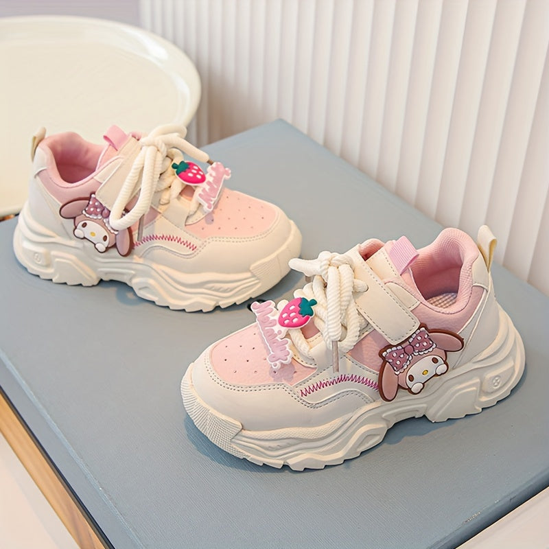 Girls' Pink and White Cartoon Sneakers with Easy-On Closure for Casual Outdoor Wear