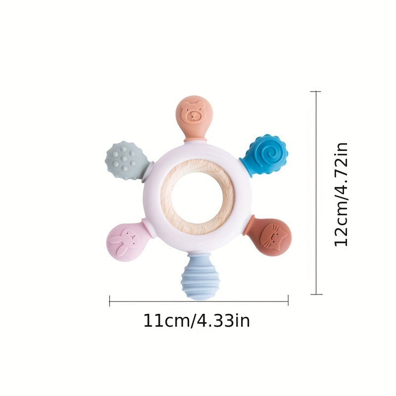 Baby Teether Silicone Rudder Shape with Wooden Ring BPA Free for Newborns