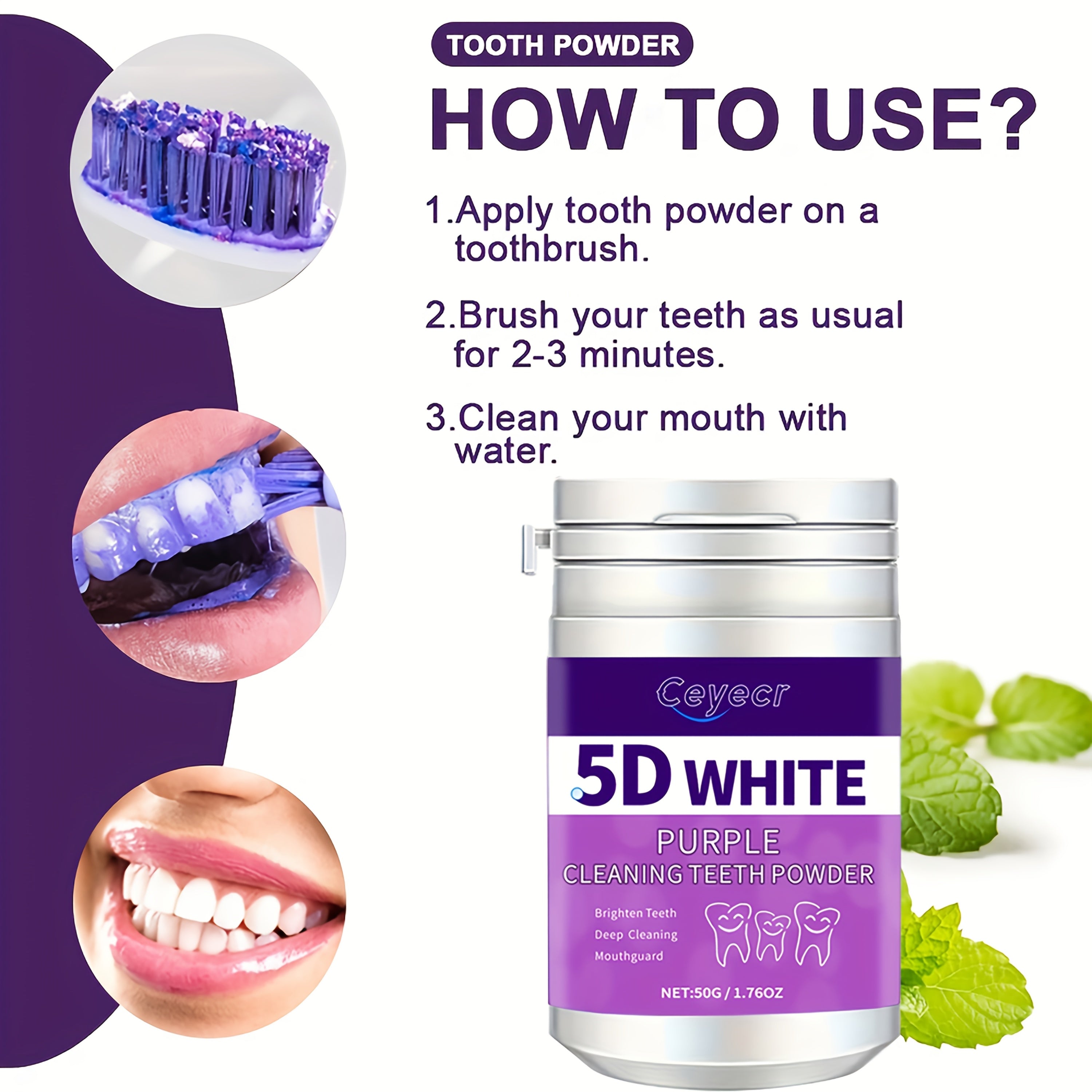 Teeth Whitening Powder for Men and Women 50g Deep Cleaning Purple Pearl Formula