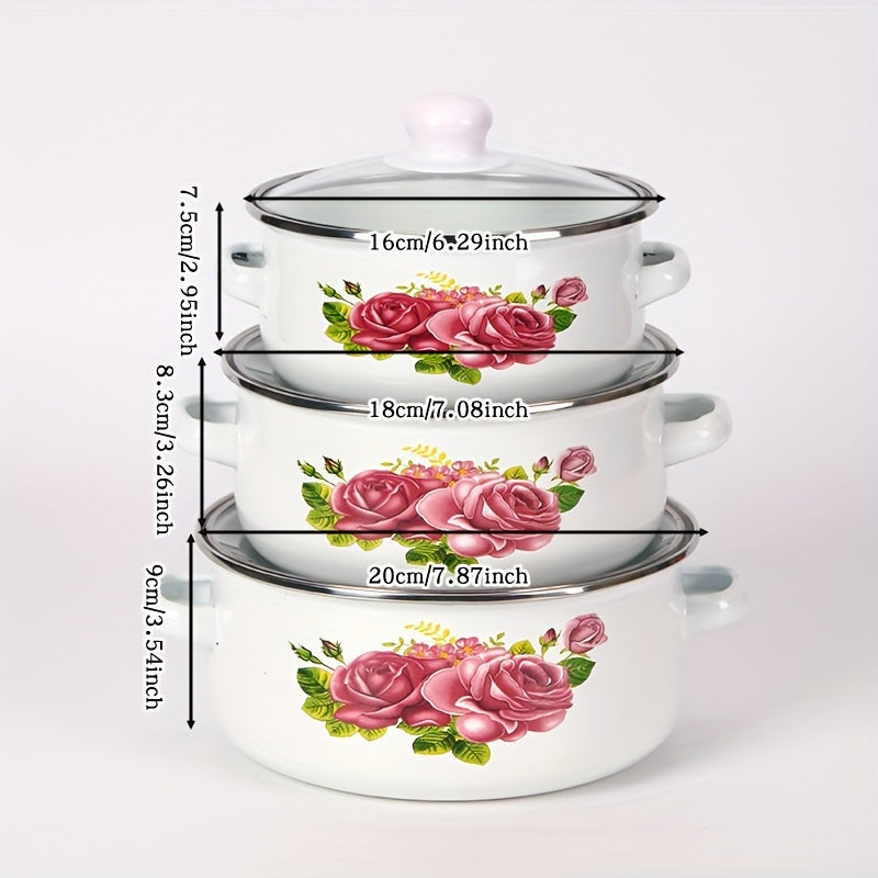 Zamonaviy 3-qismli Mini Emal Qozonlar To'plami - Oshxona va Ovqatlanish uchun Ideal, Qozon, Qovurish Qozoni va Qozon bilan ta'minlangan