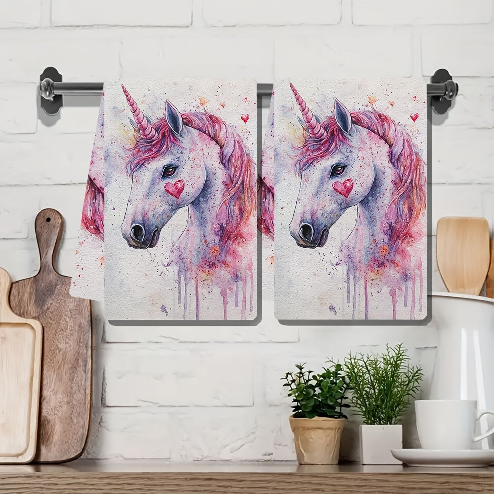 Set of 2 Soft Kitchen Towels Unicorn Love Theme 40x60cm Absorbent