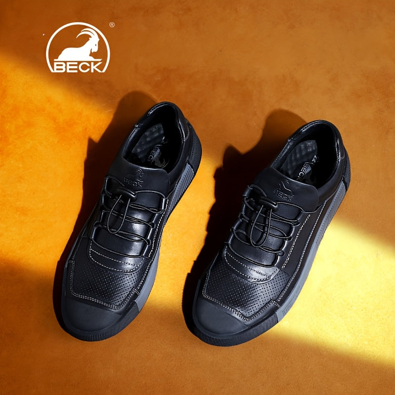 Men's Leather Sneakers with Striped Lace-Up Design, Rubber Sole, Breathable Fabric Inner