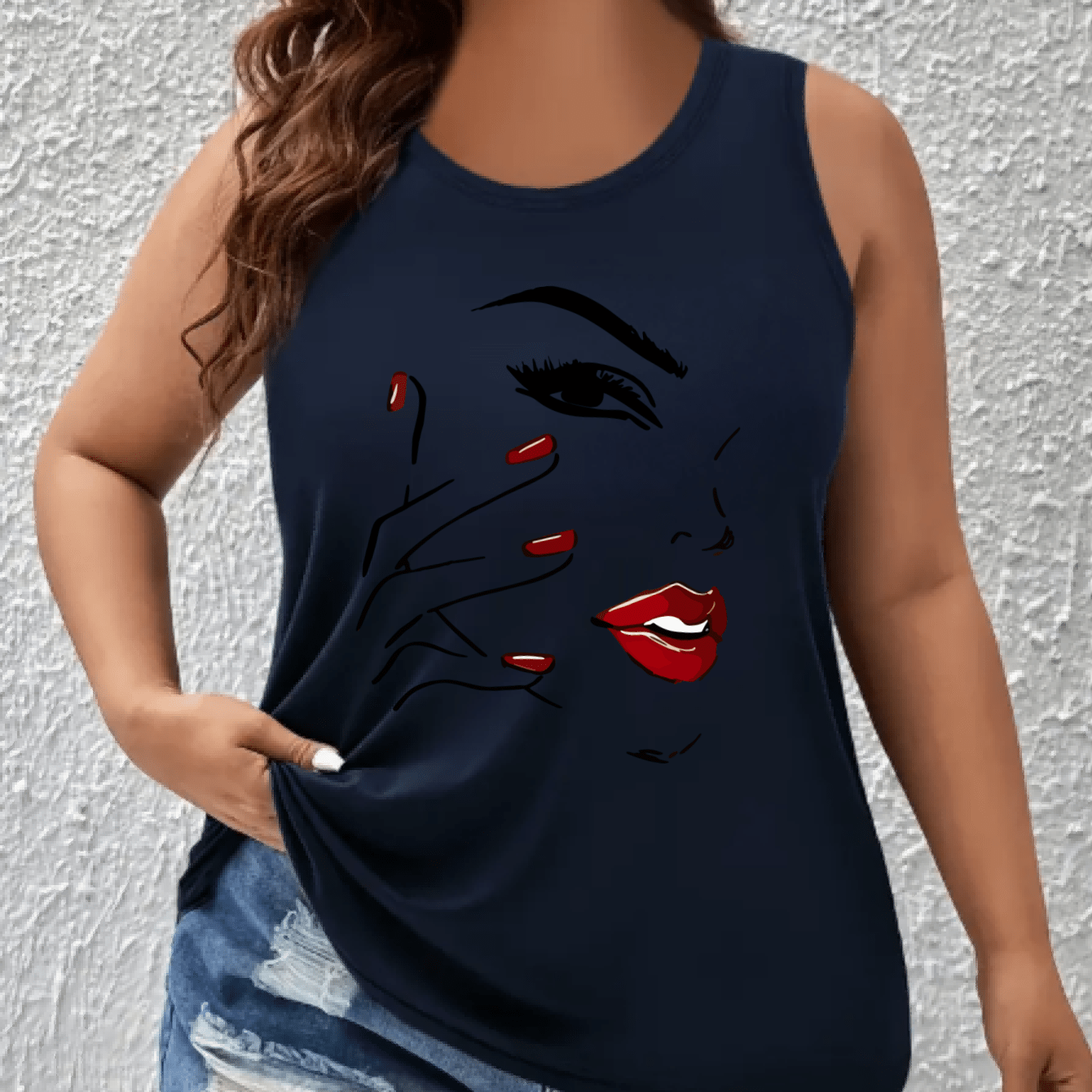 Women's Off-Shoulder Vest Top with Red Lips Print Breathable Stretchy Fabric