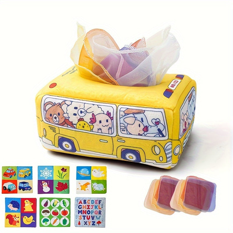 Yumshoq mato bolalar uchun tissue qutisi o'yinchoq, sezgirlik o'yini uchun, krinkli ovozli, ko'p rangli transport vositasi, 0-3 yosh