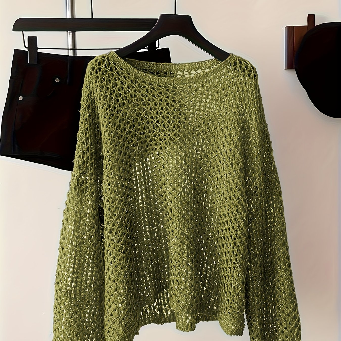 Women Plus Size Light Gray Crochet Sweater Long Sleeve Round Neck Pullover