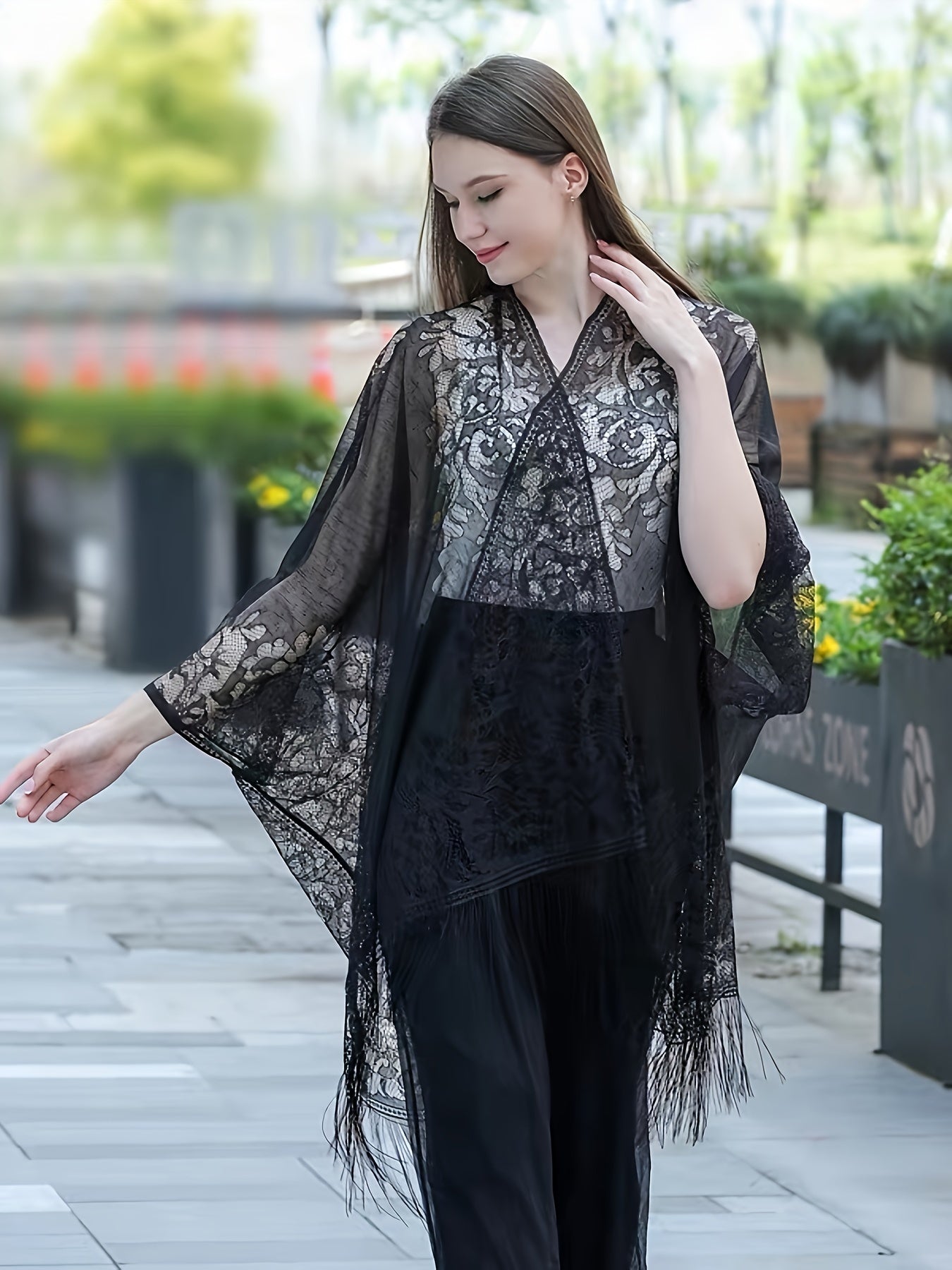 Plus Size Floral Lace Tassel Cardigan Women's Open Front Spring Casual Clothing