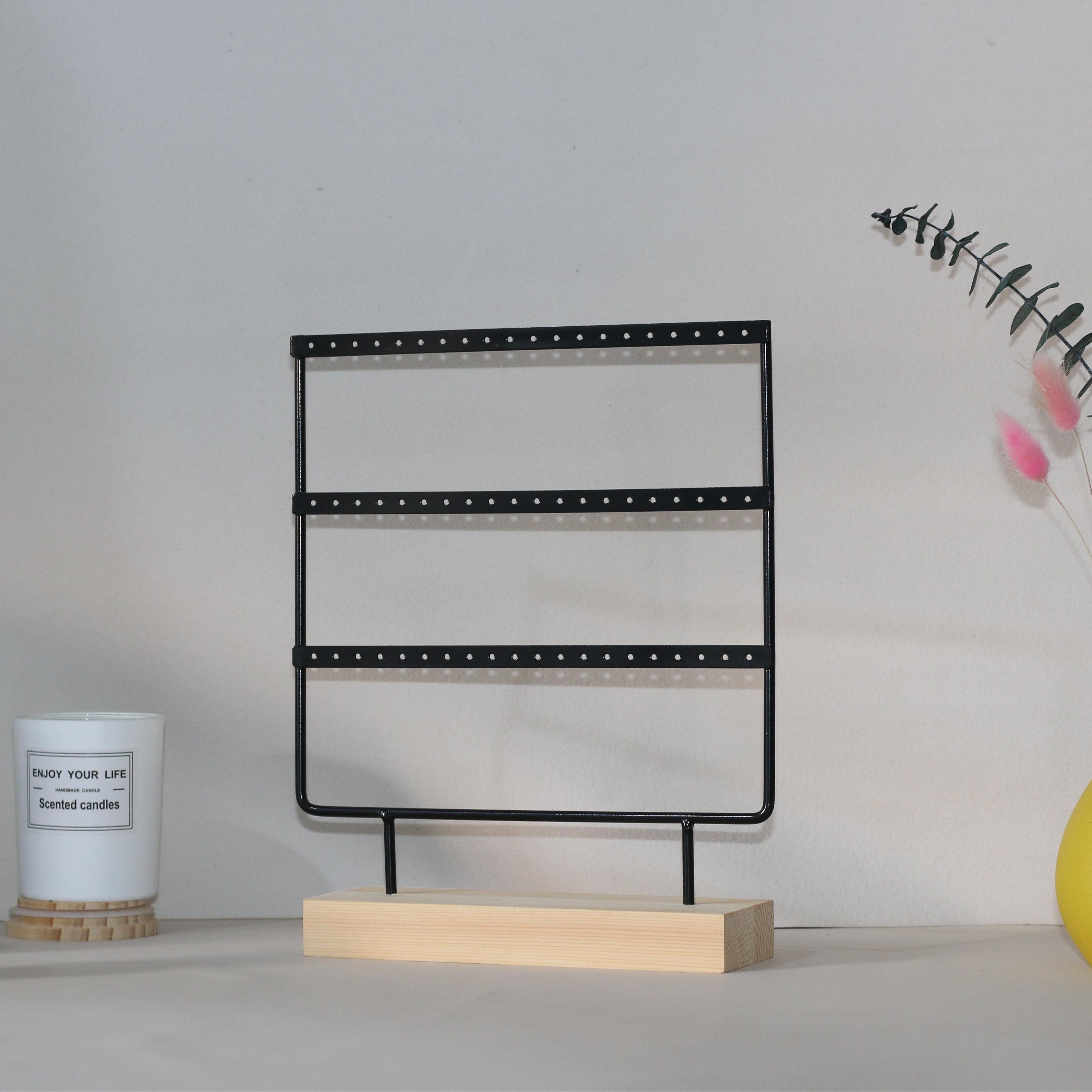 Metal Jewelry Storage Rack with Wooden Base for Earrings Organization