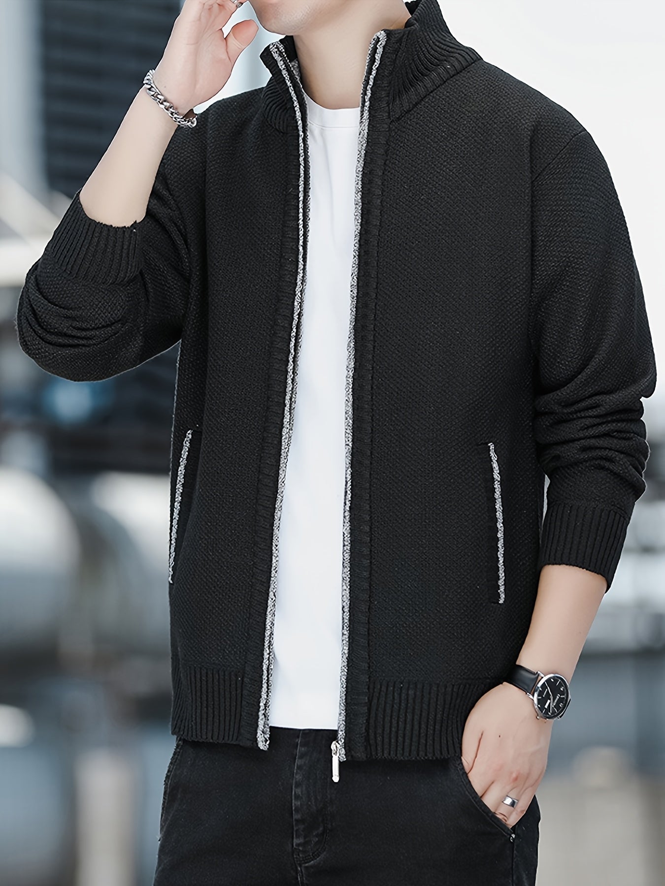 Кардиган для мужчин большого размера с круглым вырезом, длинными рукавами, застежкой-молнией и карманами, осень-зима