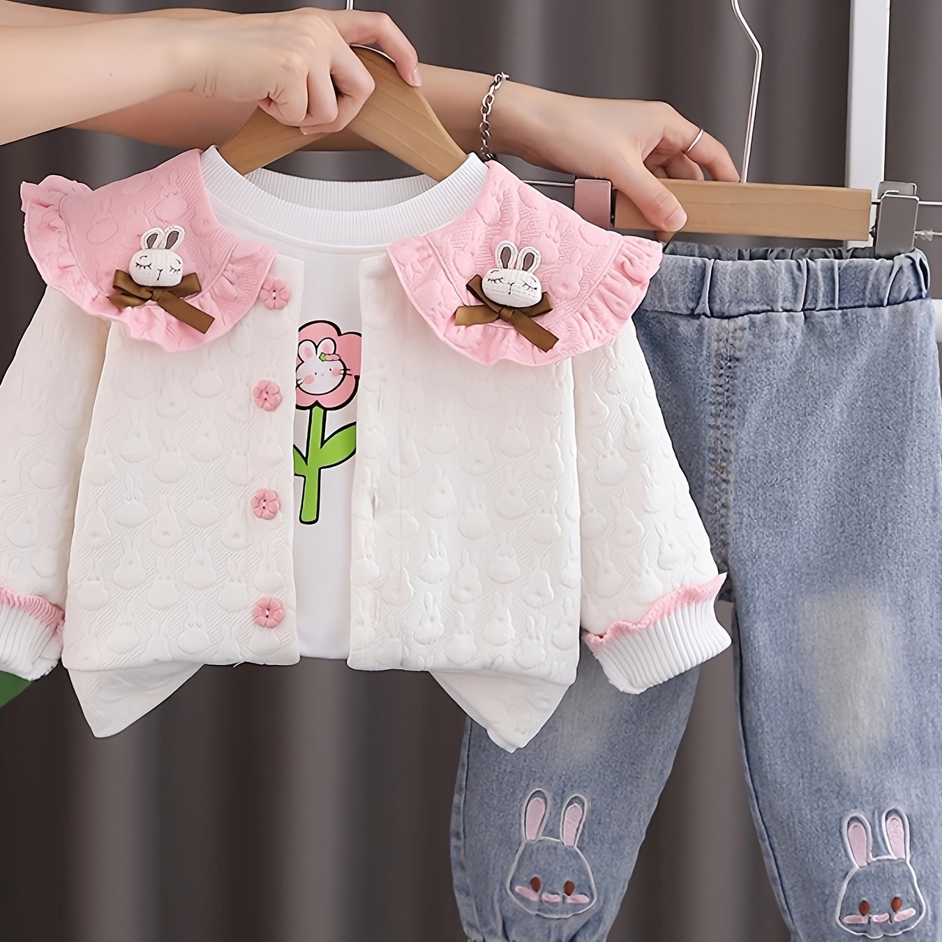 Girls' 3-Piece Spring Autumn Fashion Set with Floral Print Ruffle Collar Denim Pants