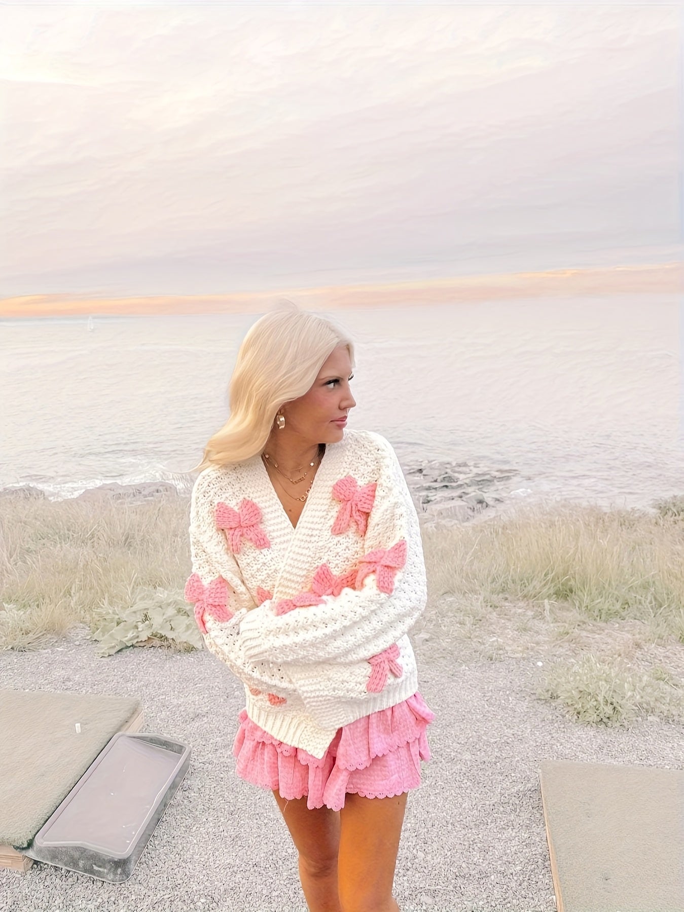 Women's Pink Butterfly Embellished Lantern Sleeve Cardigan Semi-Sheer Lace Coat