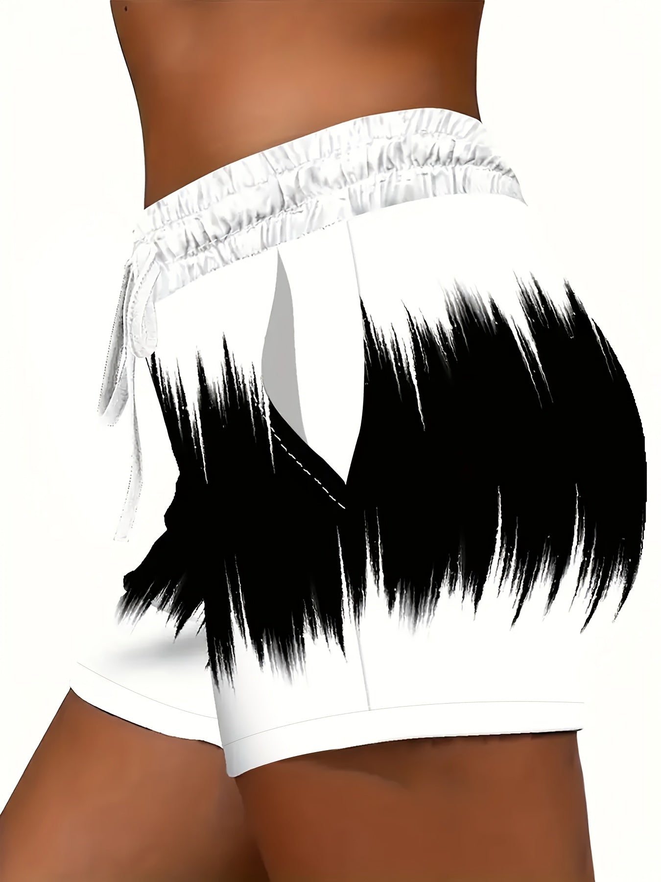 Plus Size Women's Summer Casual Shorts Black White Abstract Print Elastic Waist