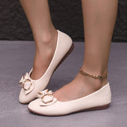 Women's White Ballet Flats with Gold Bow Synthetic Slip-On Casual Shoes
